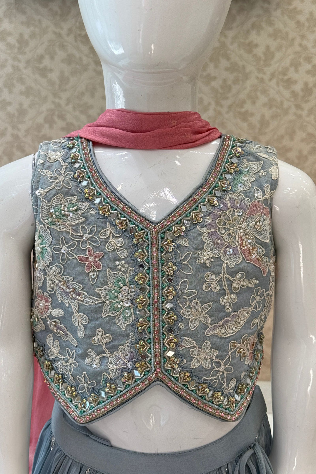 Sea Blue Thread, Beads, Stone and Mirror work Lehenga Choli for Girls