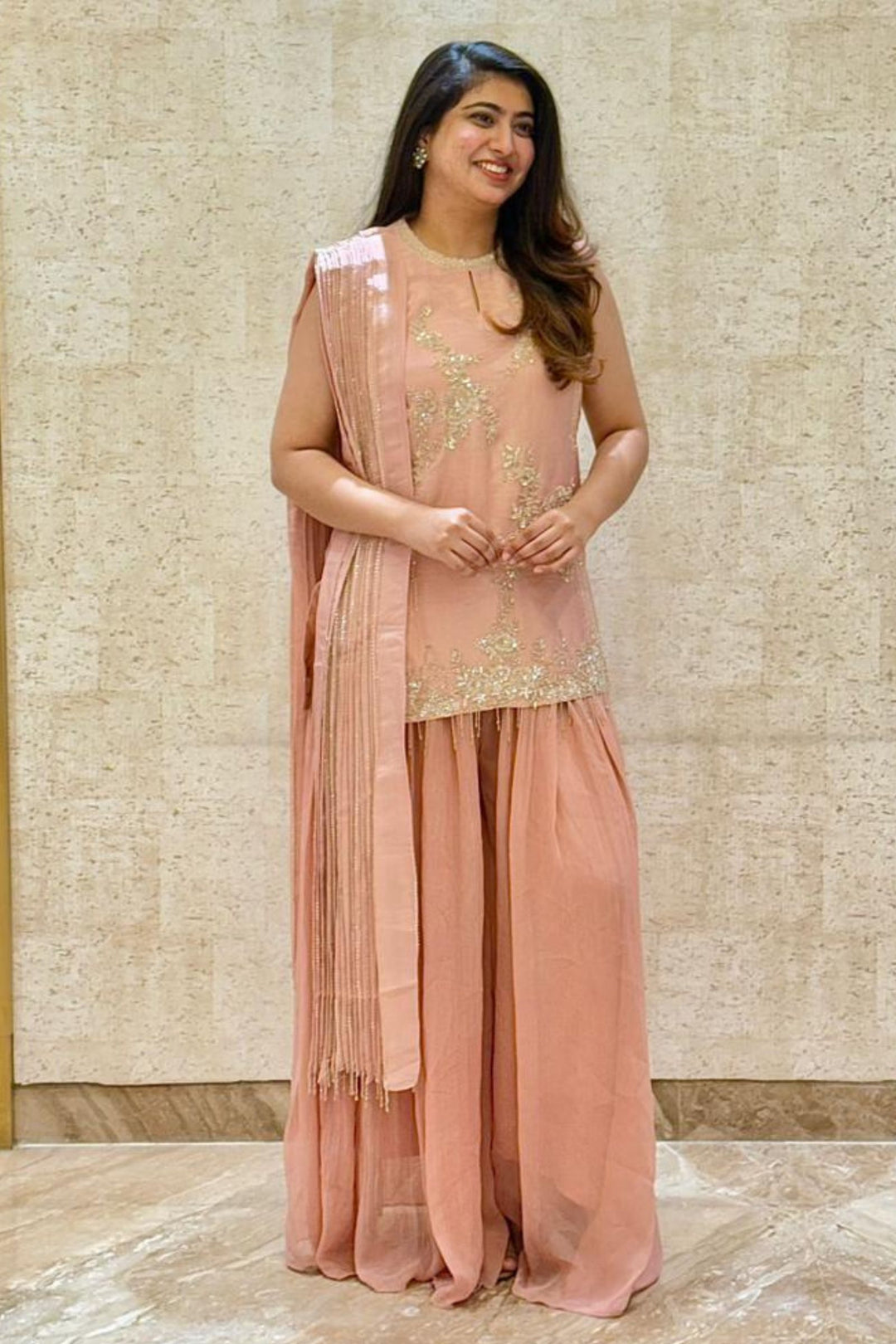 Peach Beads, Zardozi, Thread and Sequins work Top with Flared Palazzo Set