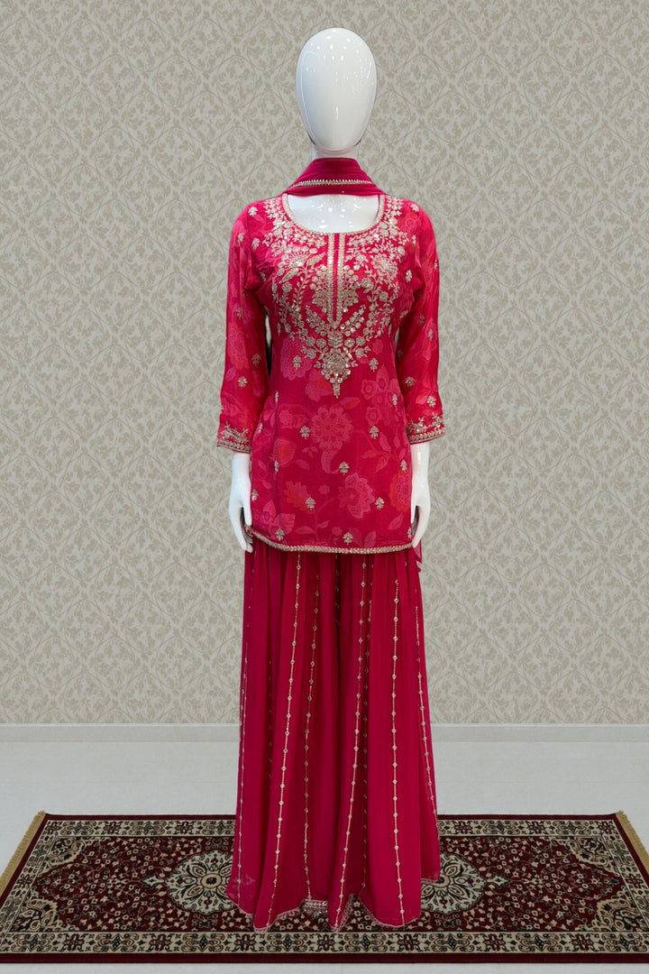Rani Pink Sequins and Zari work with Digital Print Palazzo Salwar Suit
