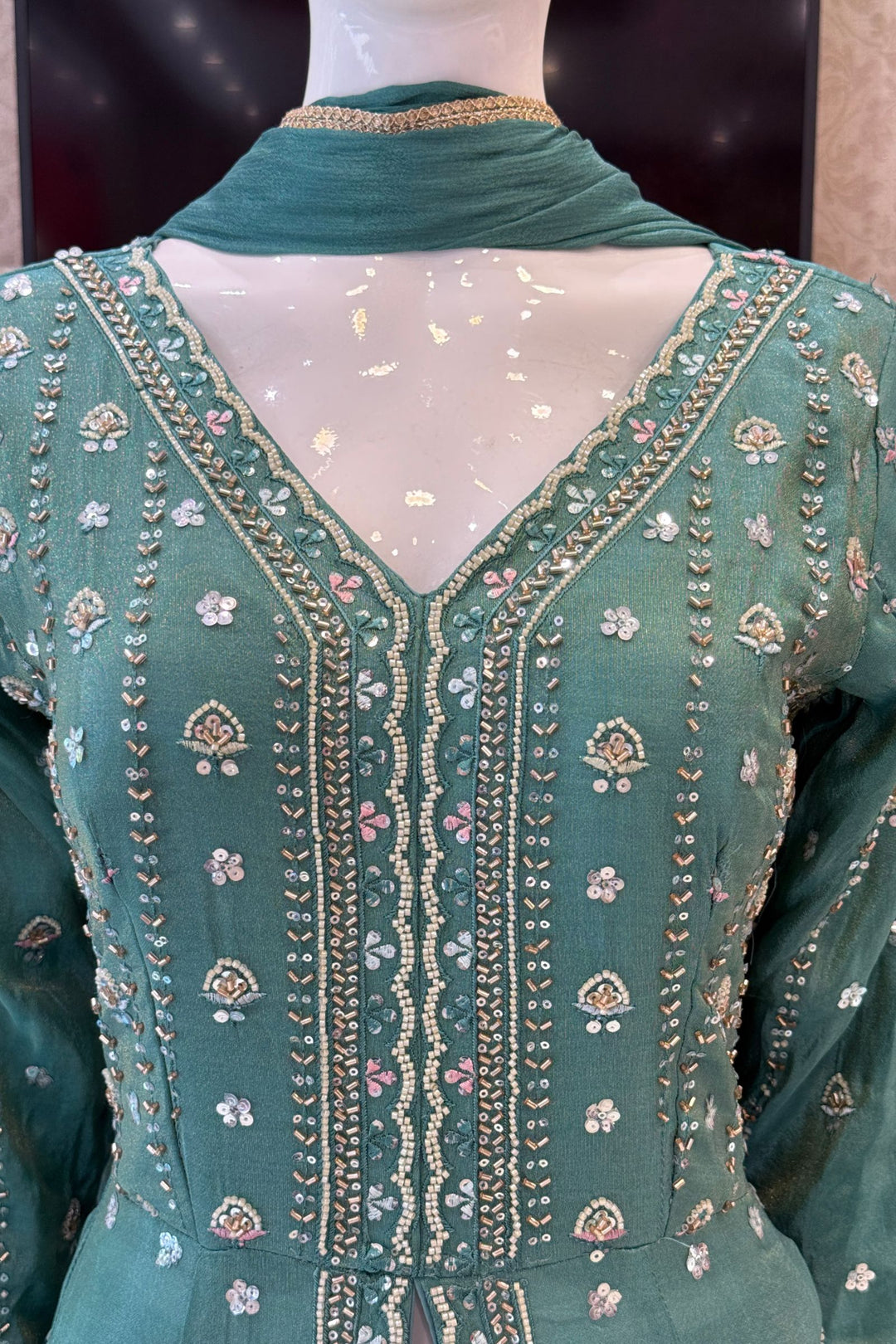 Sea Green Beads, Sequins and Thread work Long Top with Straight Pant