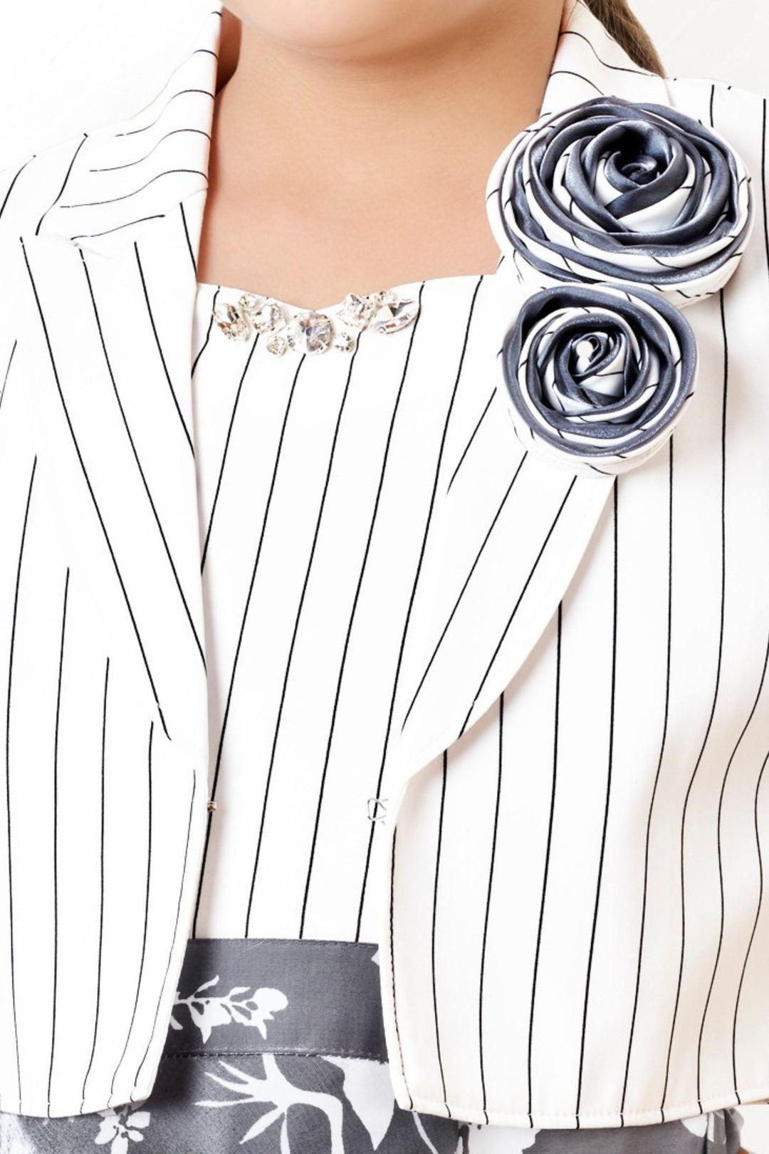 White with Grey Digital Print Jacket Styled Short Frock For Girls