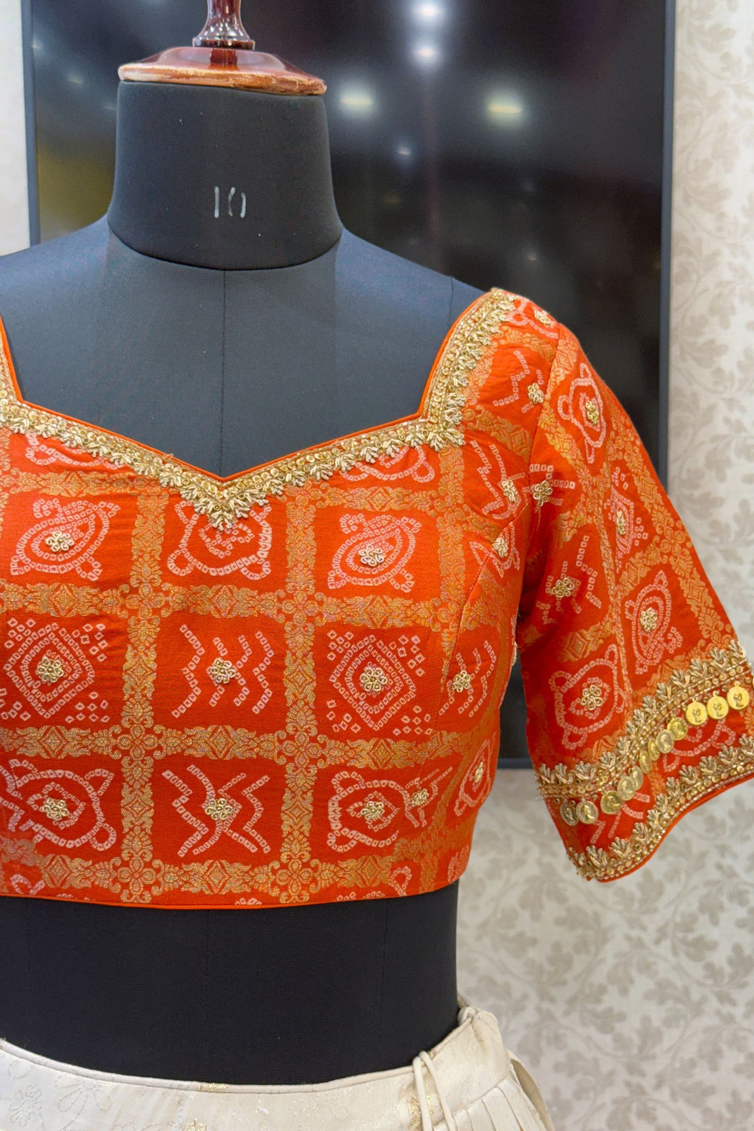 Orange with Cream Banaras, Zardozi, Sequins, Beads and Zari work Crop Top Lehenga