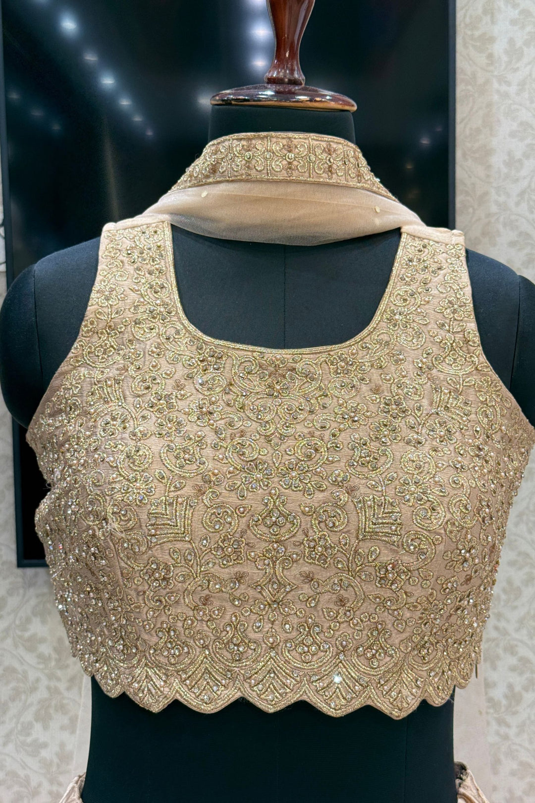 Gold Stone, Beads and Zari work Lehenga Set