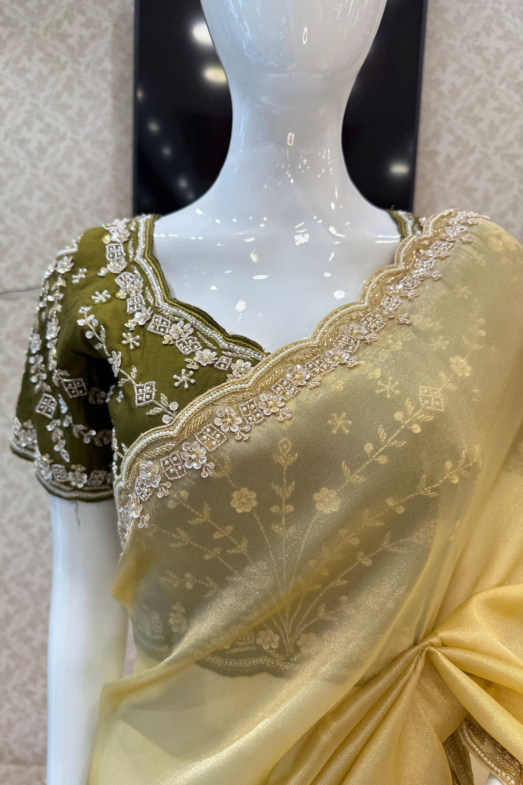 Gold Beads, Sequins, Zari and Pearls work Saree