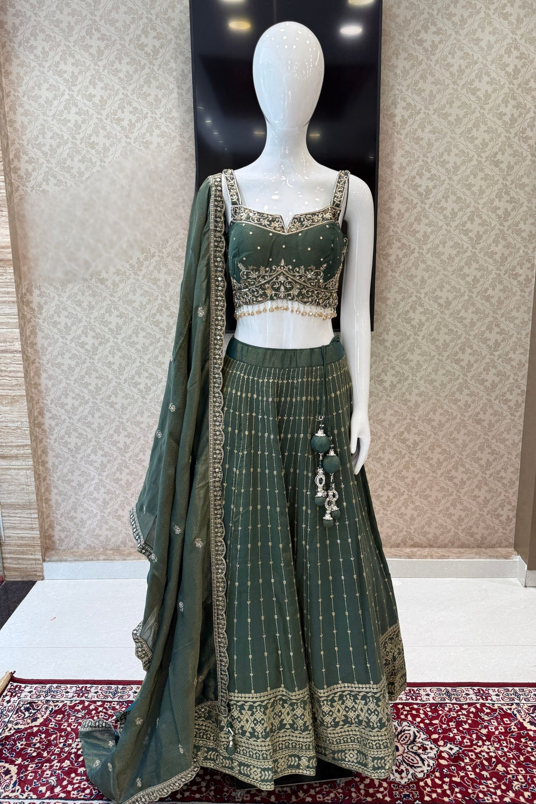 Bottle Green Zari, Zardozi, Stone, Beads and Sequins work Lehenga