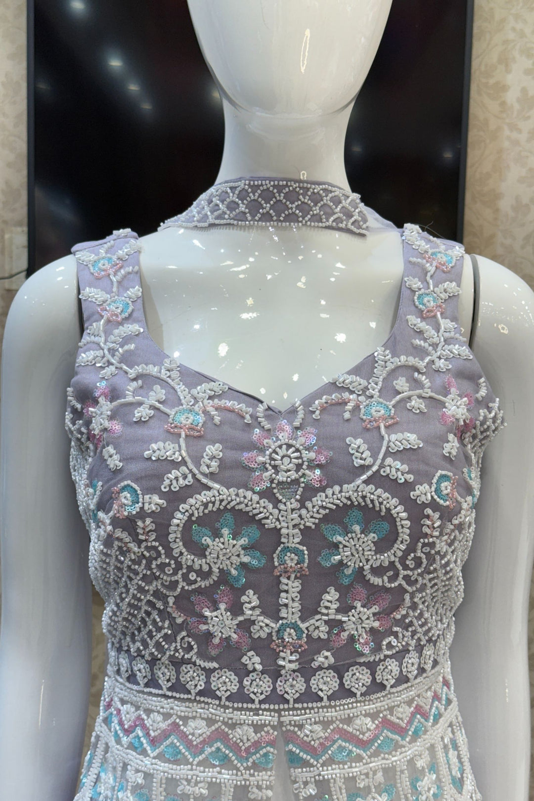 Lilac Beads and Sequins work Palazzo Suit Set