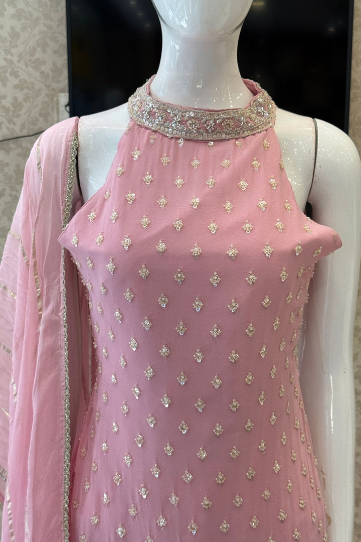 Light Pink Zari, Sequins and Beads work Palazzo Salwar Suit