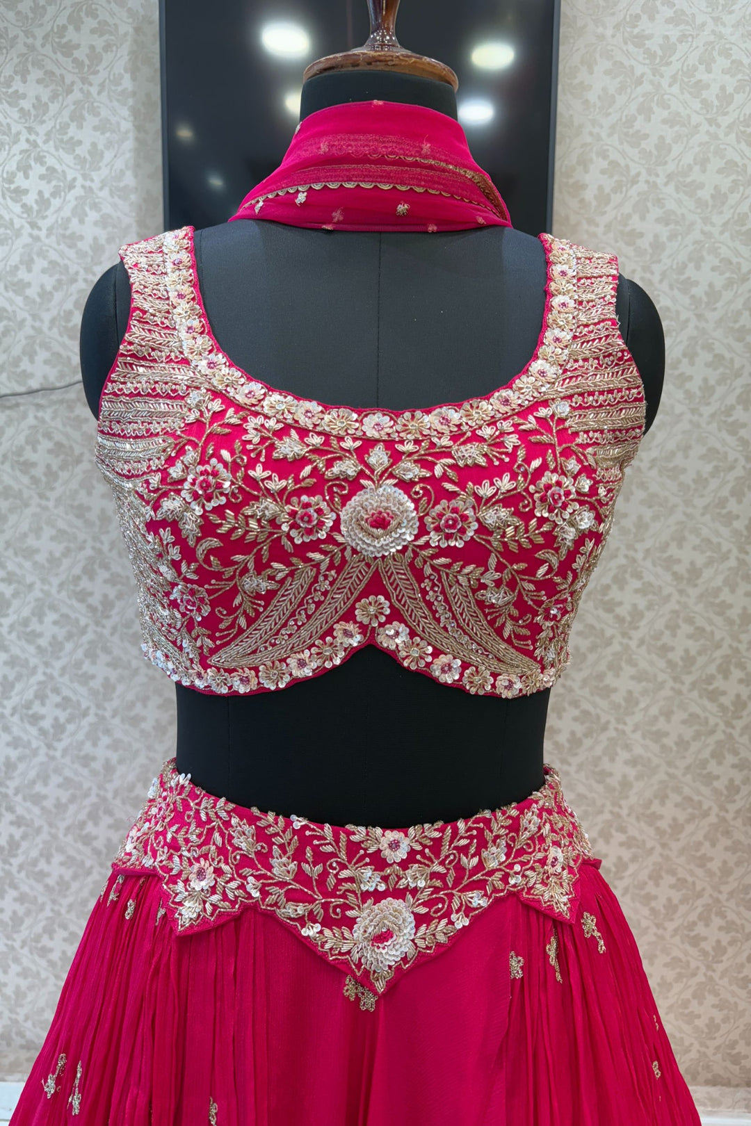 Rani Pink Sequins, Beads, Mirror, Zardozi and Zari work Crop Top Lehenga