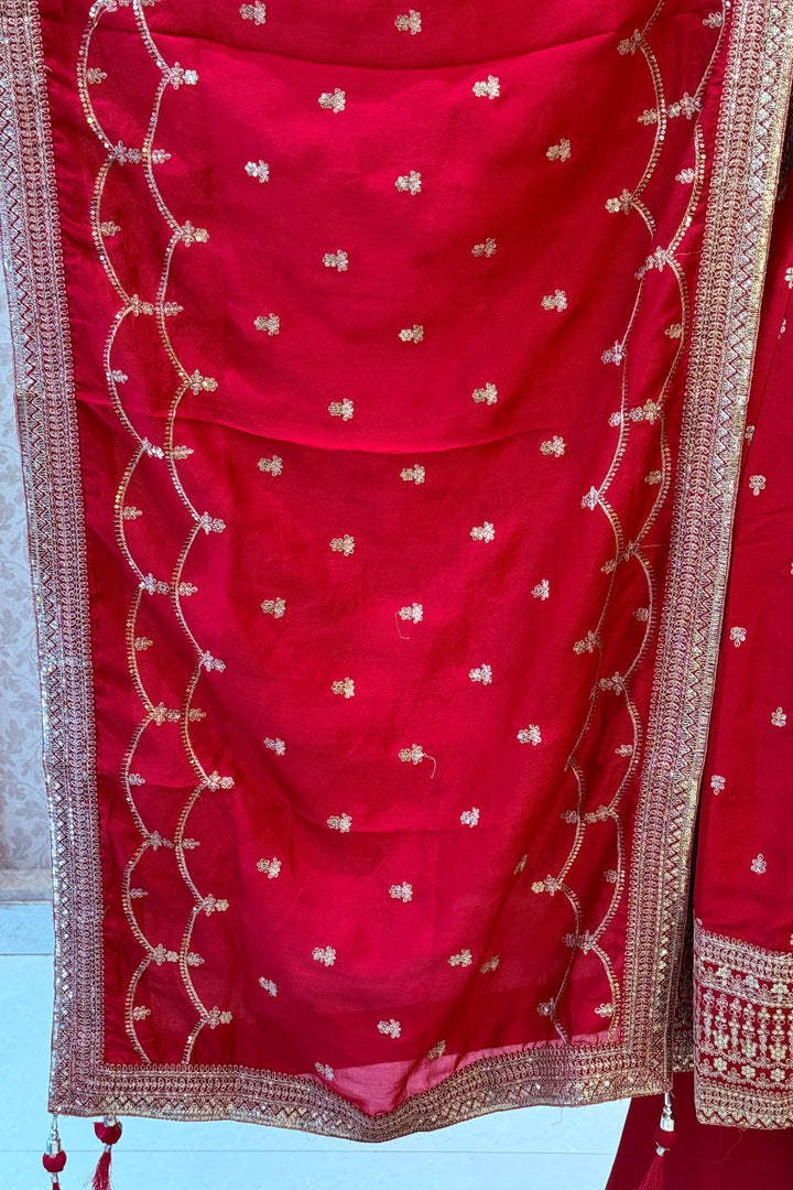 Pinkish Red Sequins and Zari work Palazzo Salwar Suit