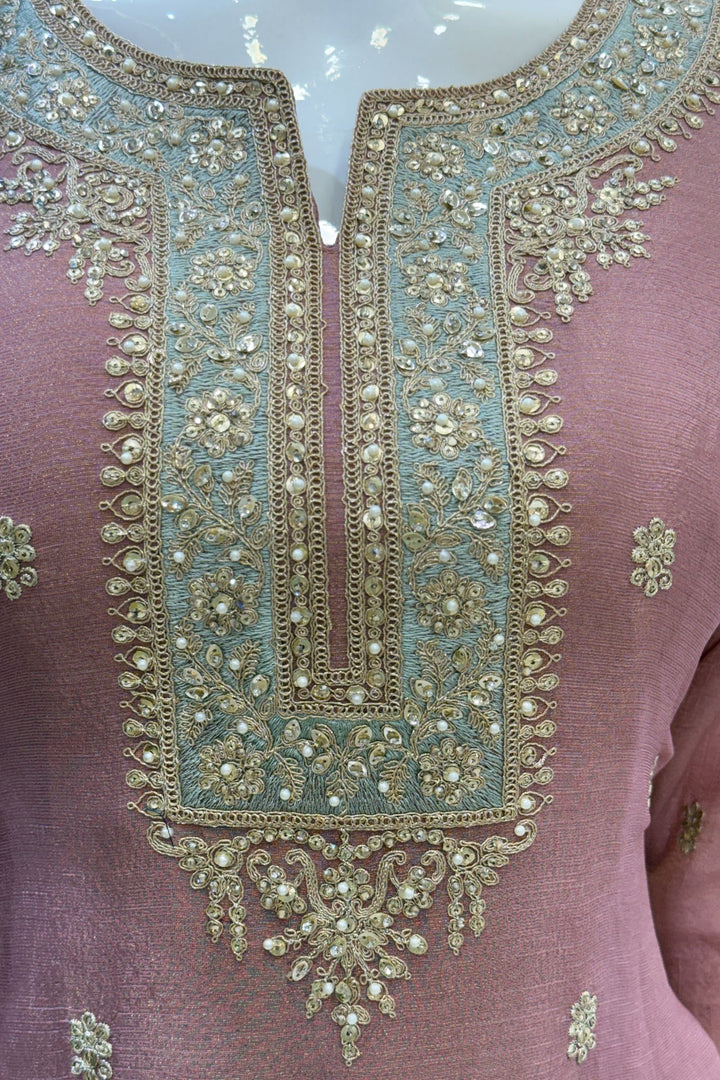 Onion Pink with Sea Green Sequins, Pearls, Stone and Zari work Palazzo Salwar Suit