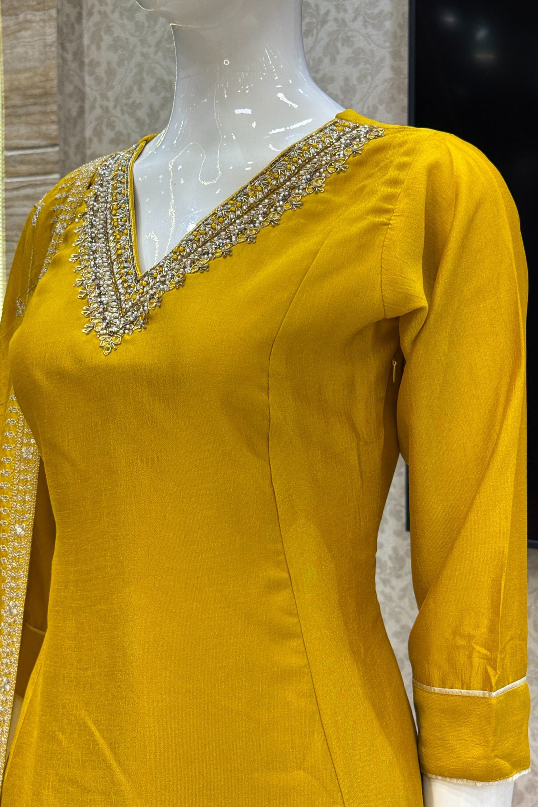 Mustard Beads, Pearl, Zardozi, Stone, Zari and Sequins work A-line Cut Salwar Suit