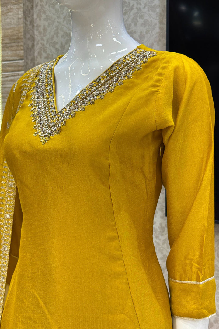 Mustard Beads, Pearl, Zardozi, Stone, Zari and Sequins work A-line Cut Salwar Suit