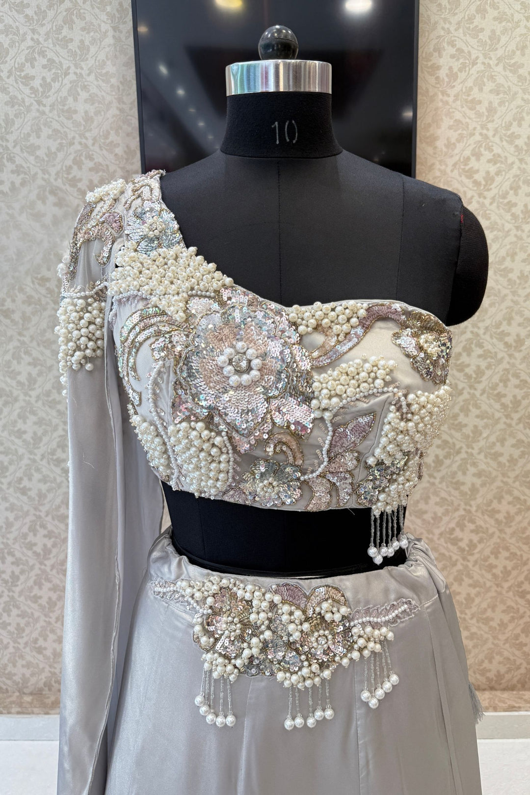 Grey Pearls, Sequins and Beads work Indo-Western Styled Lehenga