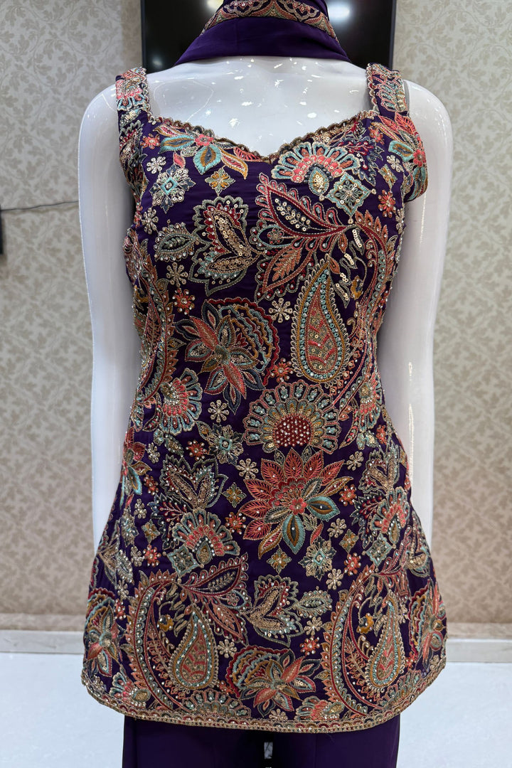 Purple Multicolor Embroidery, Sequins and Zari work Palazzo Salwar Suit