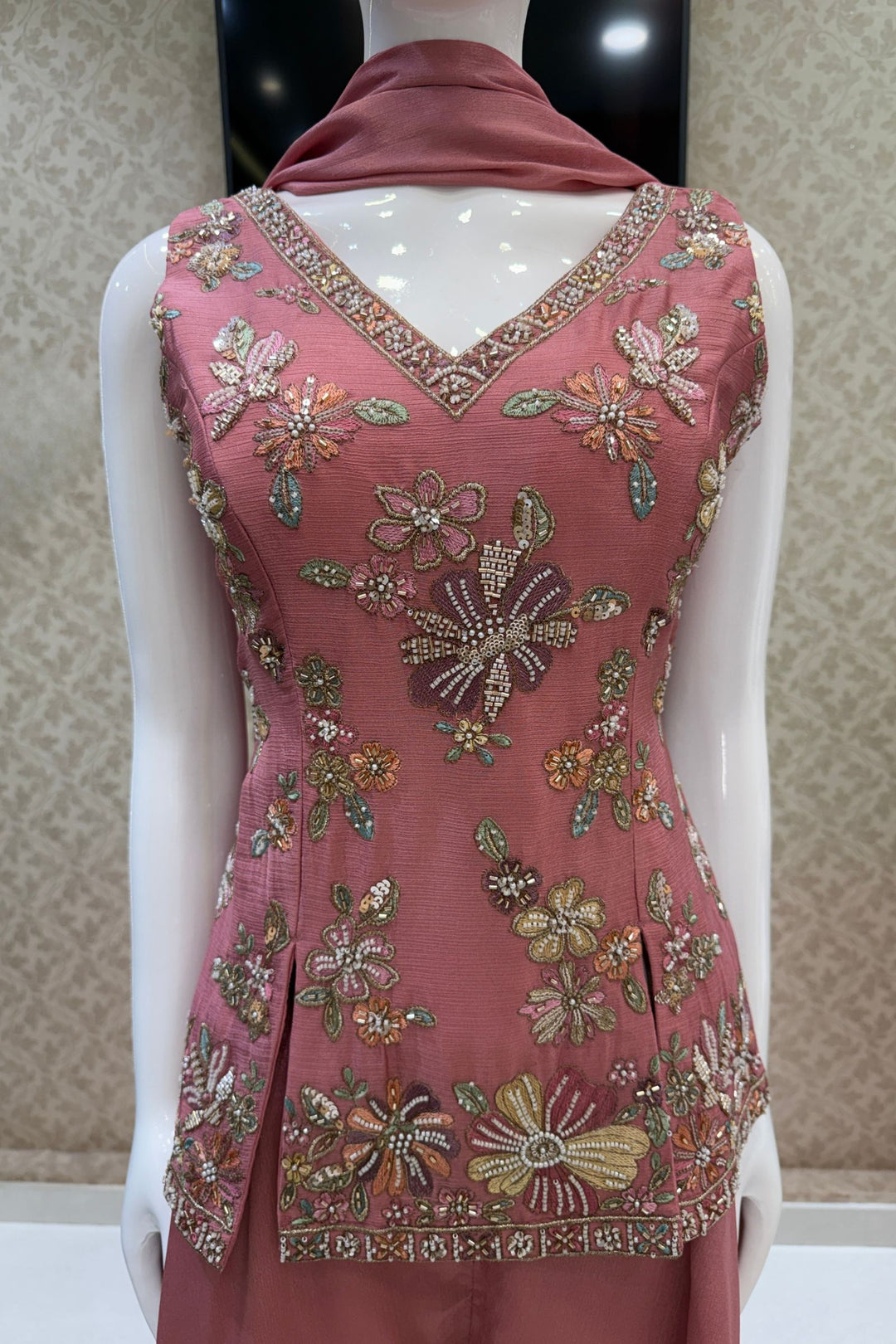 Onion Pink Palazzo Set Featuring All-Over Multicolor Embroidery, Beads, Sequins and Zari