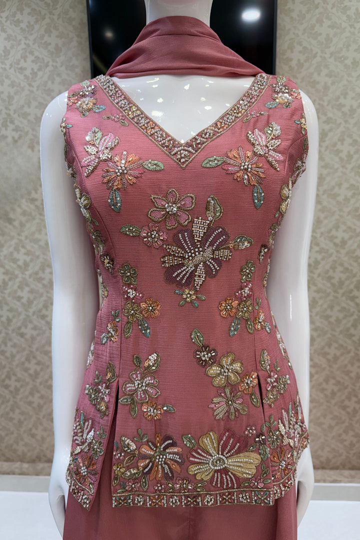 Onion Pink Palazzo Set Featuring All-Over Multicolor Embroidery, Beads, Sequins and Zari
