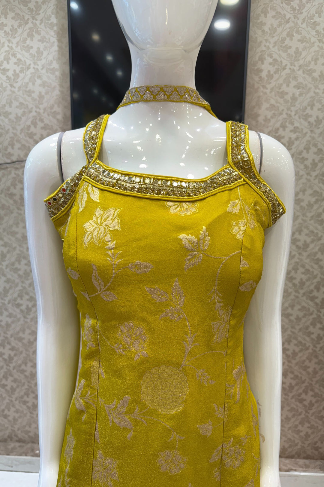 Lemon Yellow Banaras Zari, Mirror, Zardozi, Sequins, Stone and Beads work Palazzo Salwar Suit