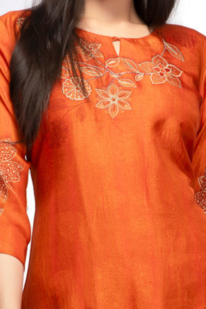 Orange Thread, Beads and Stone work with Floral Print Calf Length Kurti