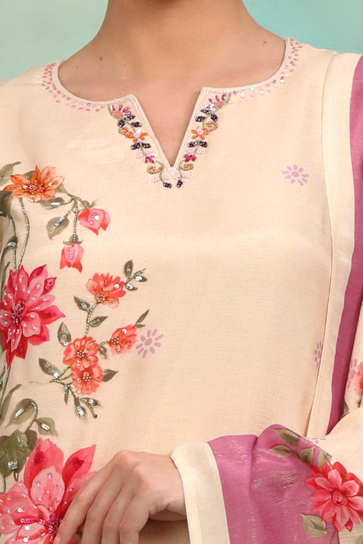 Cream Beads and Sequins work with Floral Print Straight Cut Salwar Suit