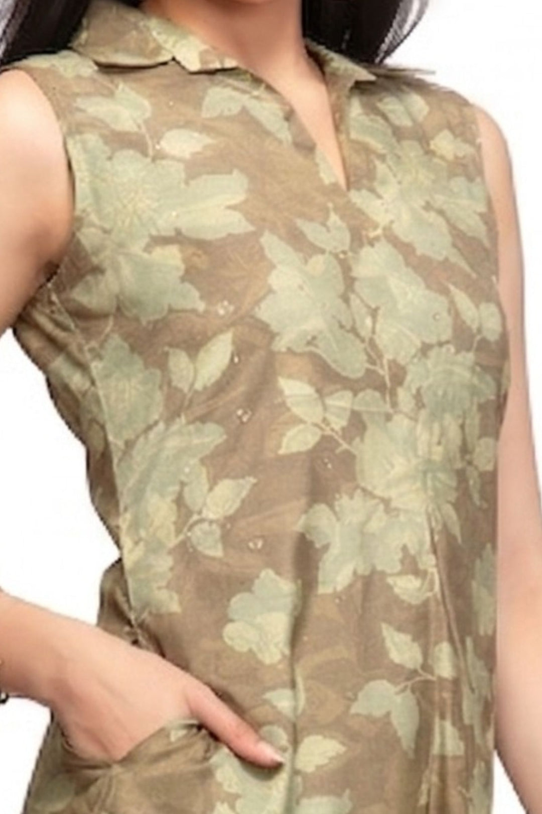 Olive Green with Digital Print and Stone work A-line Cut Calf Length Kurti