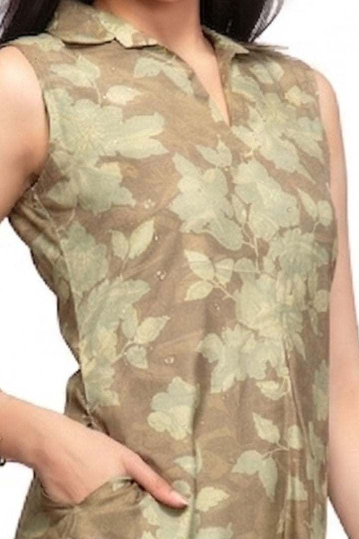 Olive Green with Digital Print and Stone work A-line Cut Calf Length Kurti