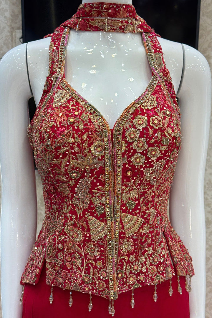 Red Mirror, Stone, Beads, Sequins, Thread and Zari work Palazzo Salwar Suit