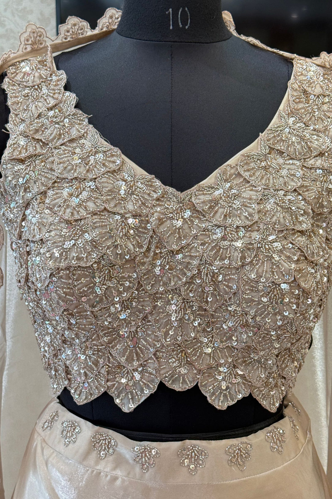 Beige Sequins and Beads work Crop Top Lehenga with Cape