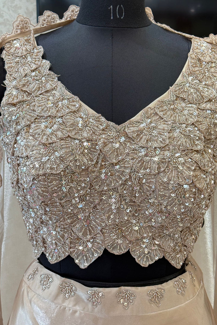 Beige Sequins and Beads work Crop Top Lehenga with Cape