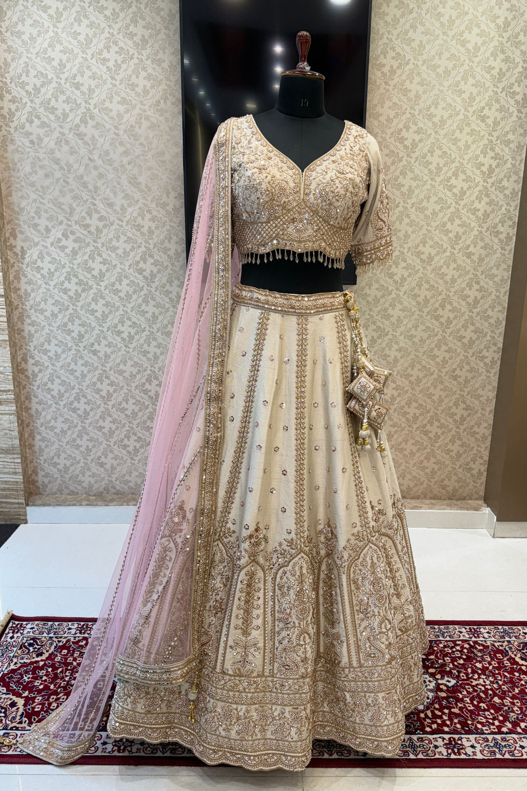 Designer Wedding Lehenga in Cream with Beads, Zari and Sequins Work