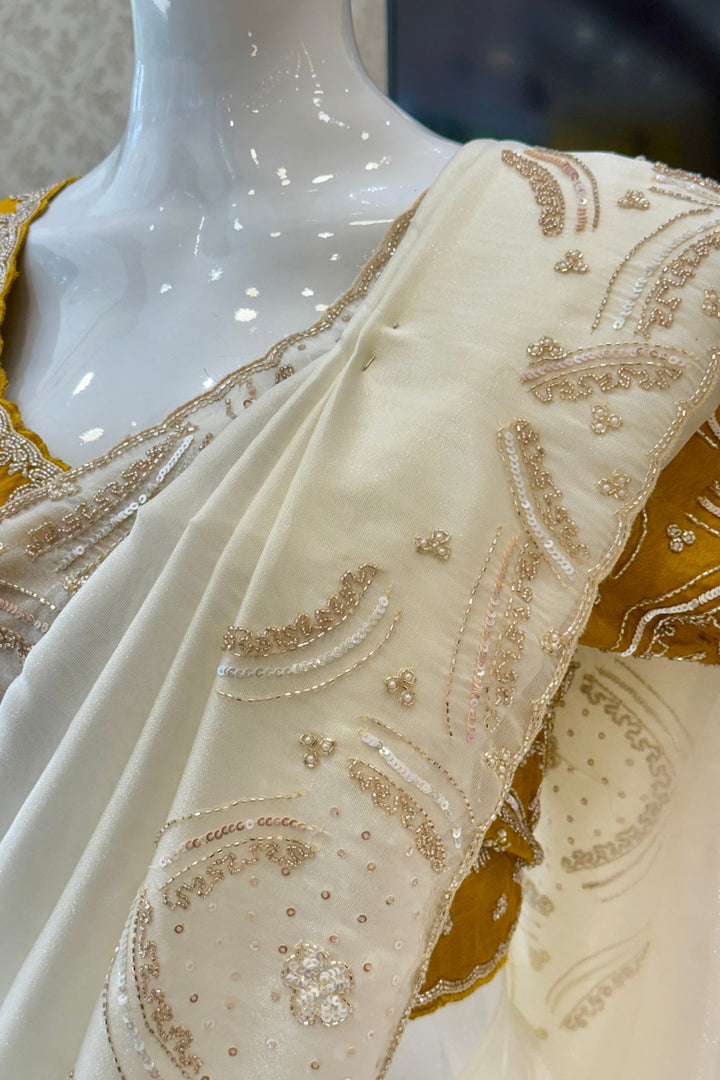 Half White Beads, Sequins and Thread work Saree