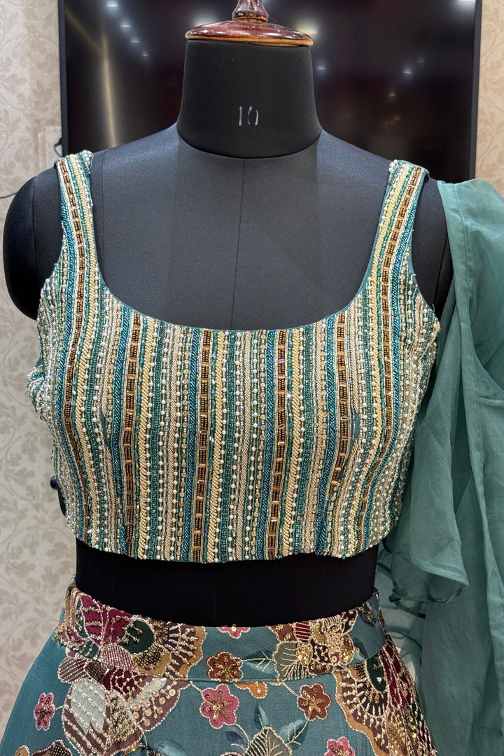 Pastel Green Beads, Zardozi, Sequins, Stone and Zari work with Floral Print Lehenga Set