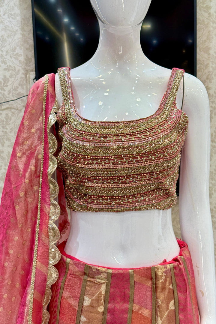 Pink Brocade, Beads, Sequins, Zardozi, Zari and Stone work with Multicolor Lehenga Set