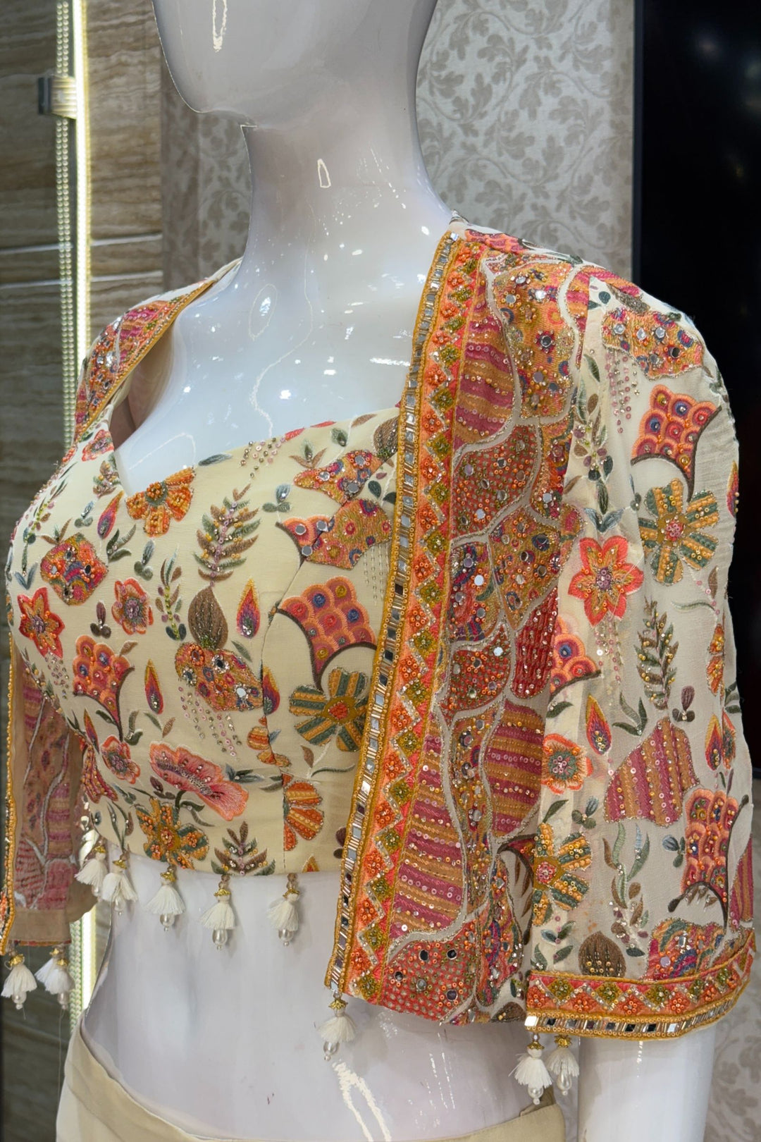 Cream Beads and Multicolor Thread work Crop Top with Overcoat Styled Palazzo Suit Set