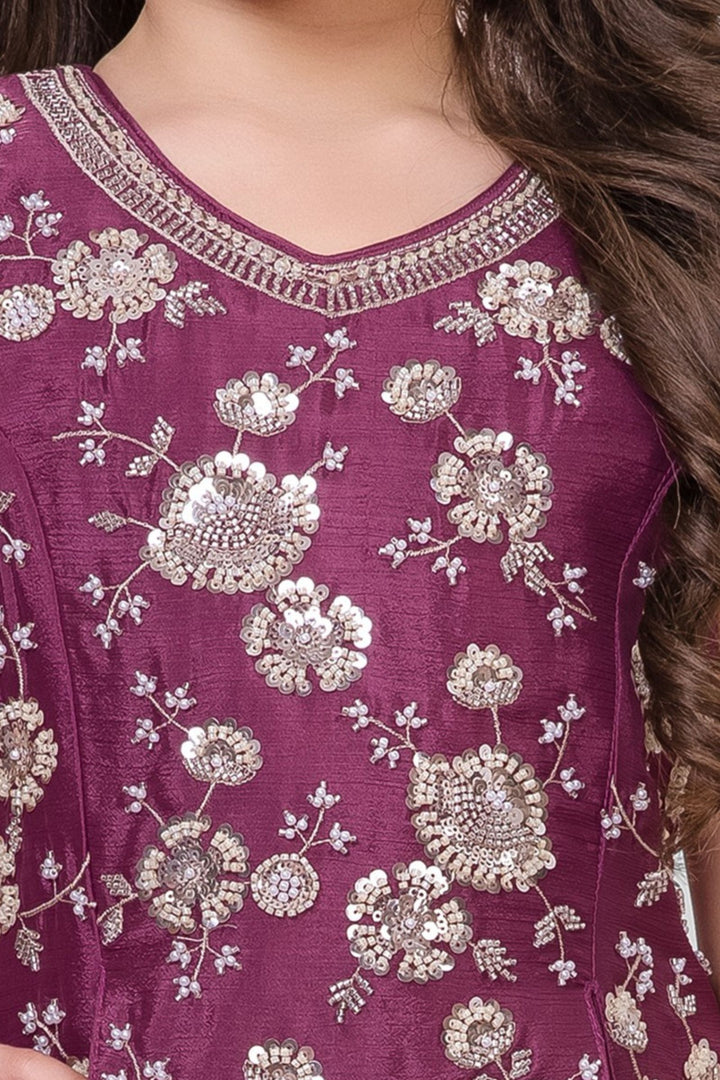 Onion Pink Sequins, Beads and Thread work Palazzo Suit Set for Girls