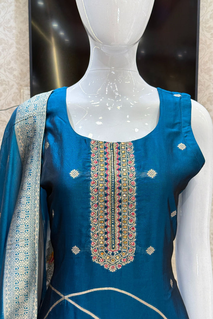 Peacock Blue Banaras, Beads and Sequins work Straight Cut Salwar Suit