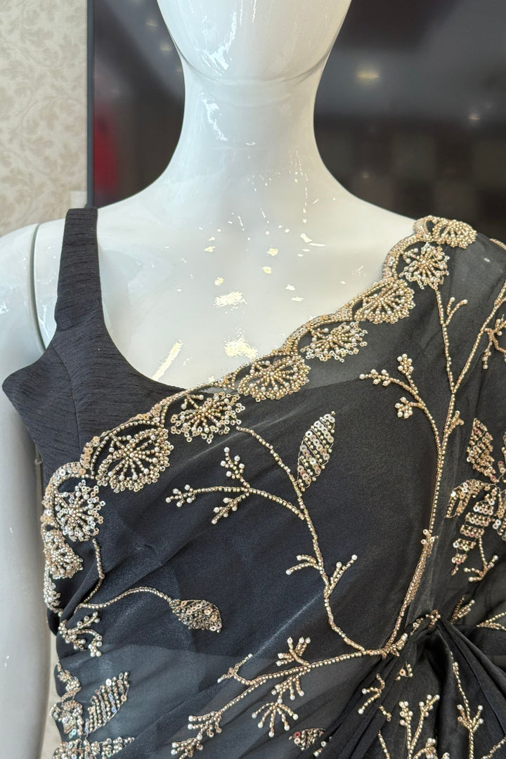 Black Saree with Beads, Zardozi, Zari and Pearl work
