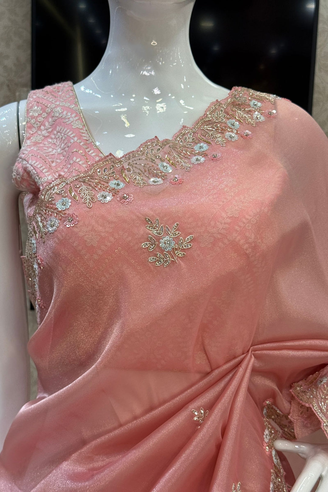 Peach Stone, Sequins, Zardozi and Beads work Saree