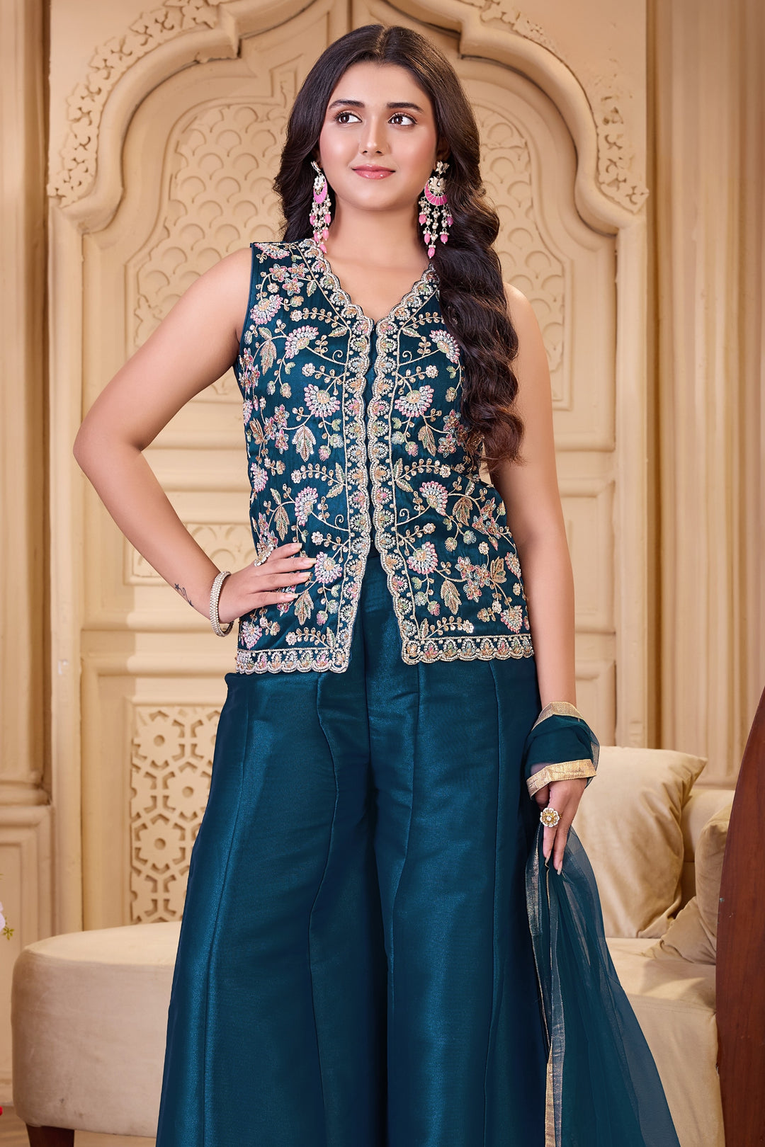 Teal Blue Multicolor Embroidery, Beads and Sequins work Palazzo Suit Set for Girls