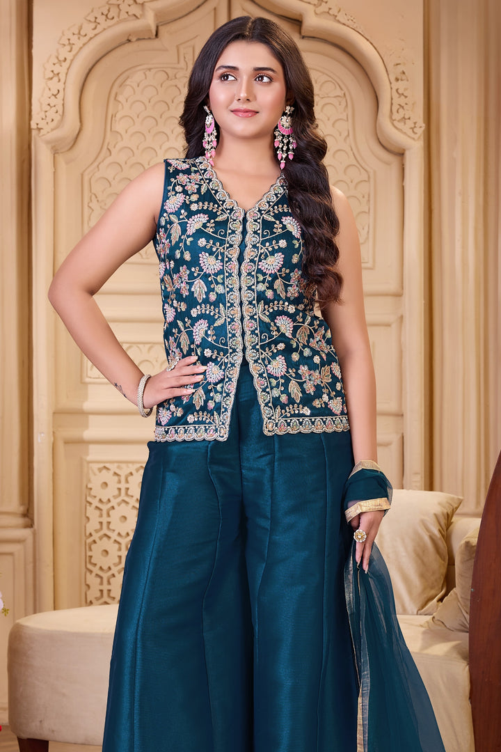 Teal Blue Multicolor Embroidery, Beads and Sequins work Palazzo Suit Set for Girls