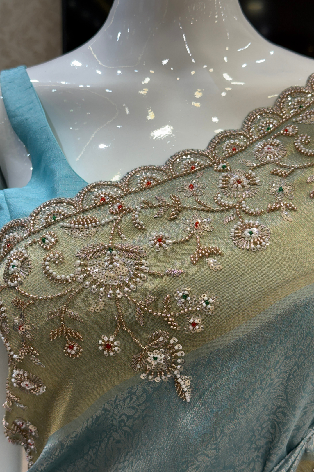 Firozi Blue Banaras, Beads, Sequins and Zari work Saree