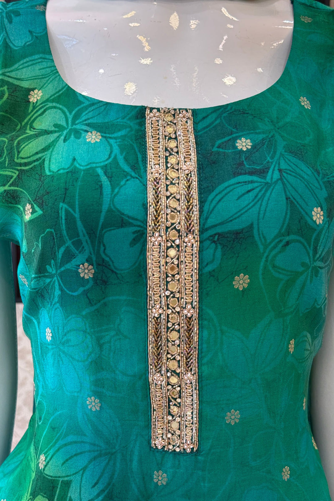 Green Banaras, Beads, Zardozi and Stone work with Floral Print Straight Cut Salwar Suit