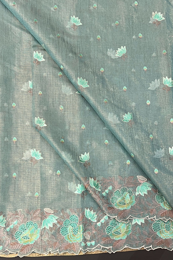 Rama Green Tissue Saree with Cutwork and Floral Embroidery work