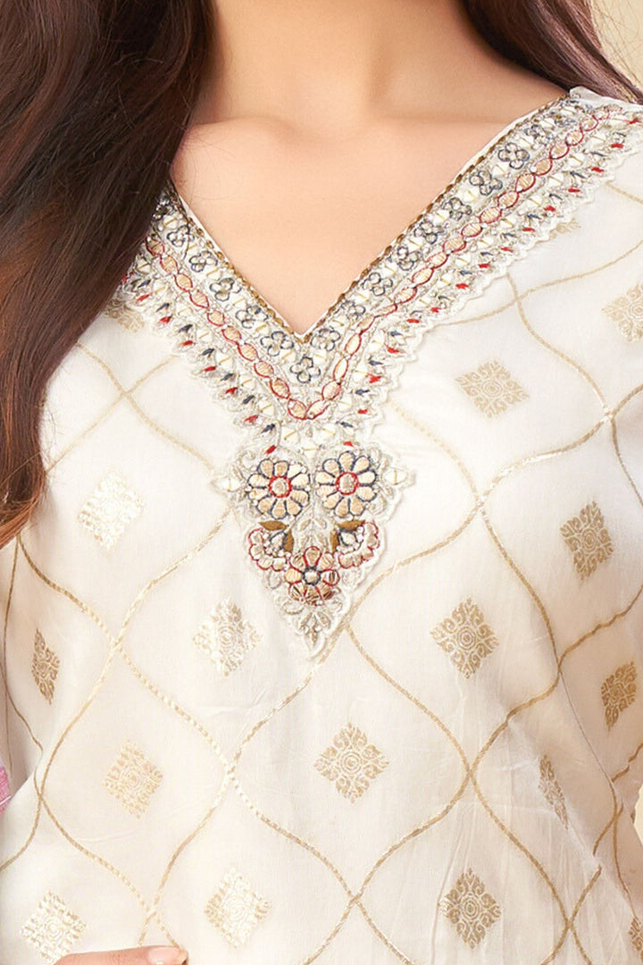 White Banaras, Stone, Gota Patti, Mirror, Thread and Zari work Straight Cut Salwar Suit