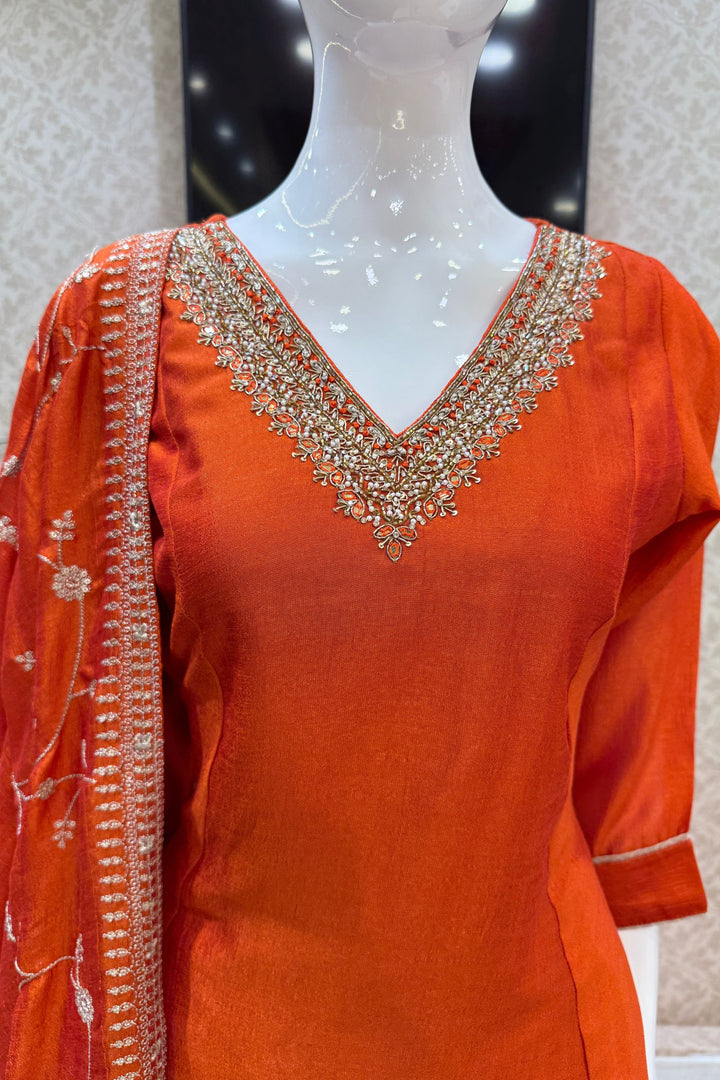 Orange Beads, Pearl, Zardozi, Stone, Zari and Sequins work Aline Cut Salwar Suit