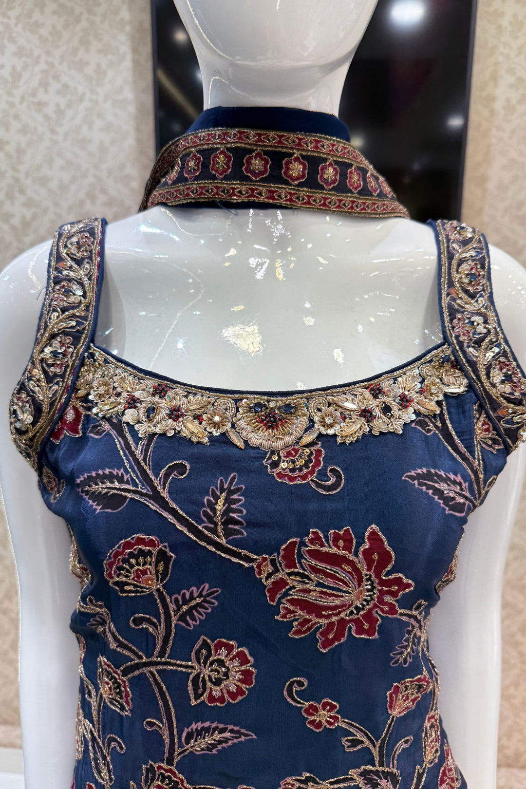 Navy Blue Zari, Zardozi, Sequins, Stone and Beads work with Floral Print Palazzo Salwar Suit