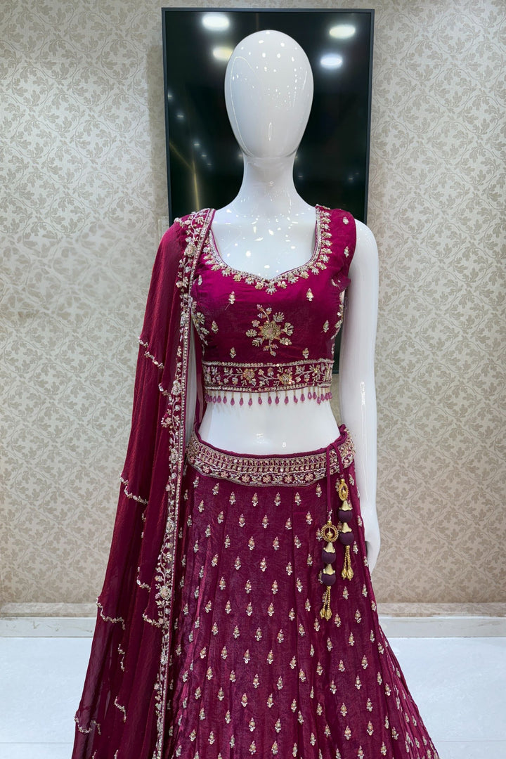 Magenta Beads, Zari and Sequins work Crop Top Bridal Lehenga