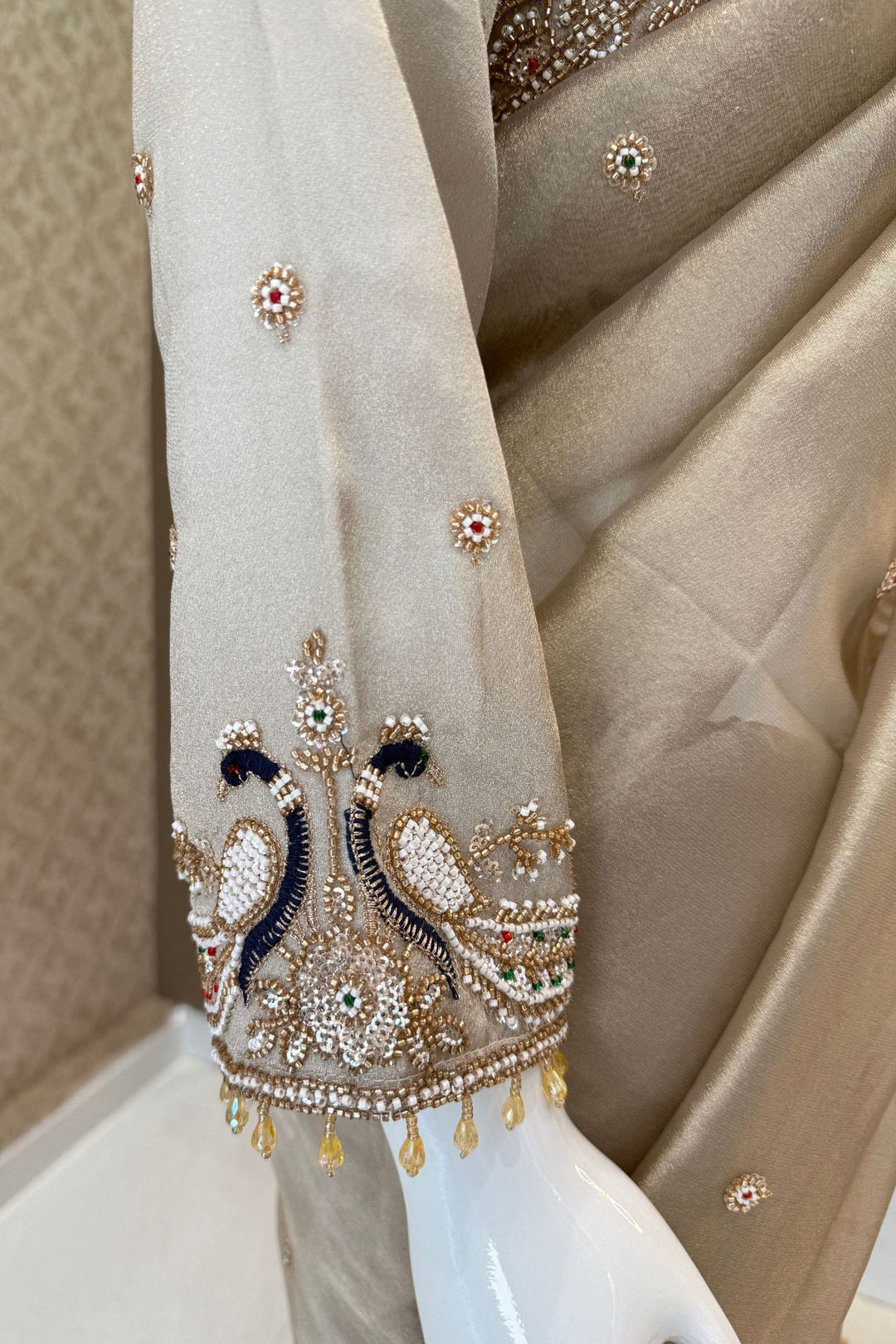 Grey Beads, Sequins and Pearl work Saree