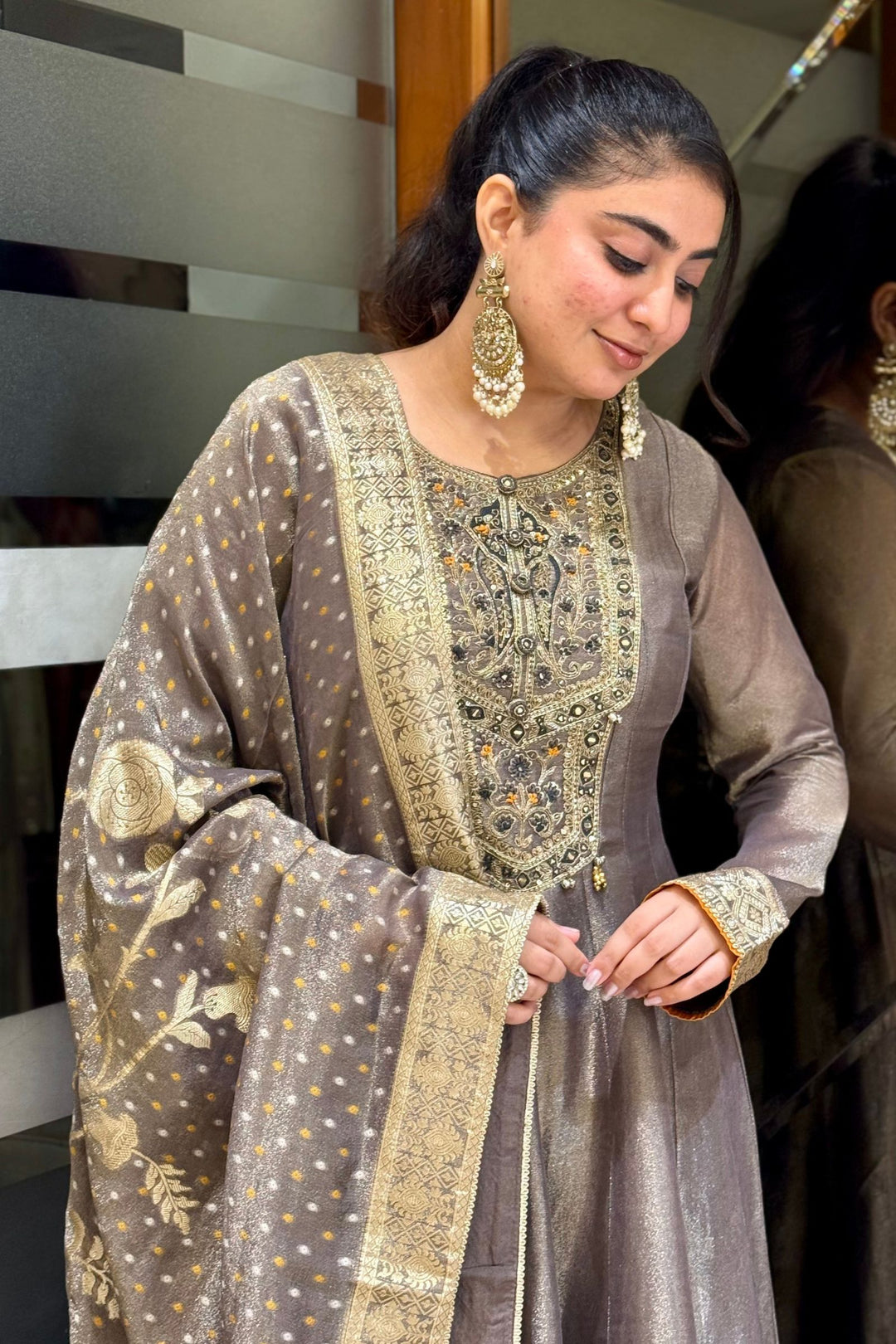 Grey Beads, Mirror, Sequins and Zari work Anarkali Style Salwar with Palazzo Pant Set