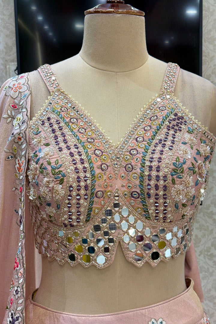 Light Peach Mirror, Sequins, Embroidery, Zardozi and Beads work Crop Top Lehenga