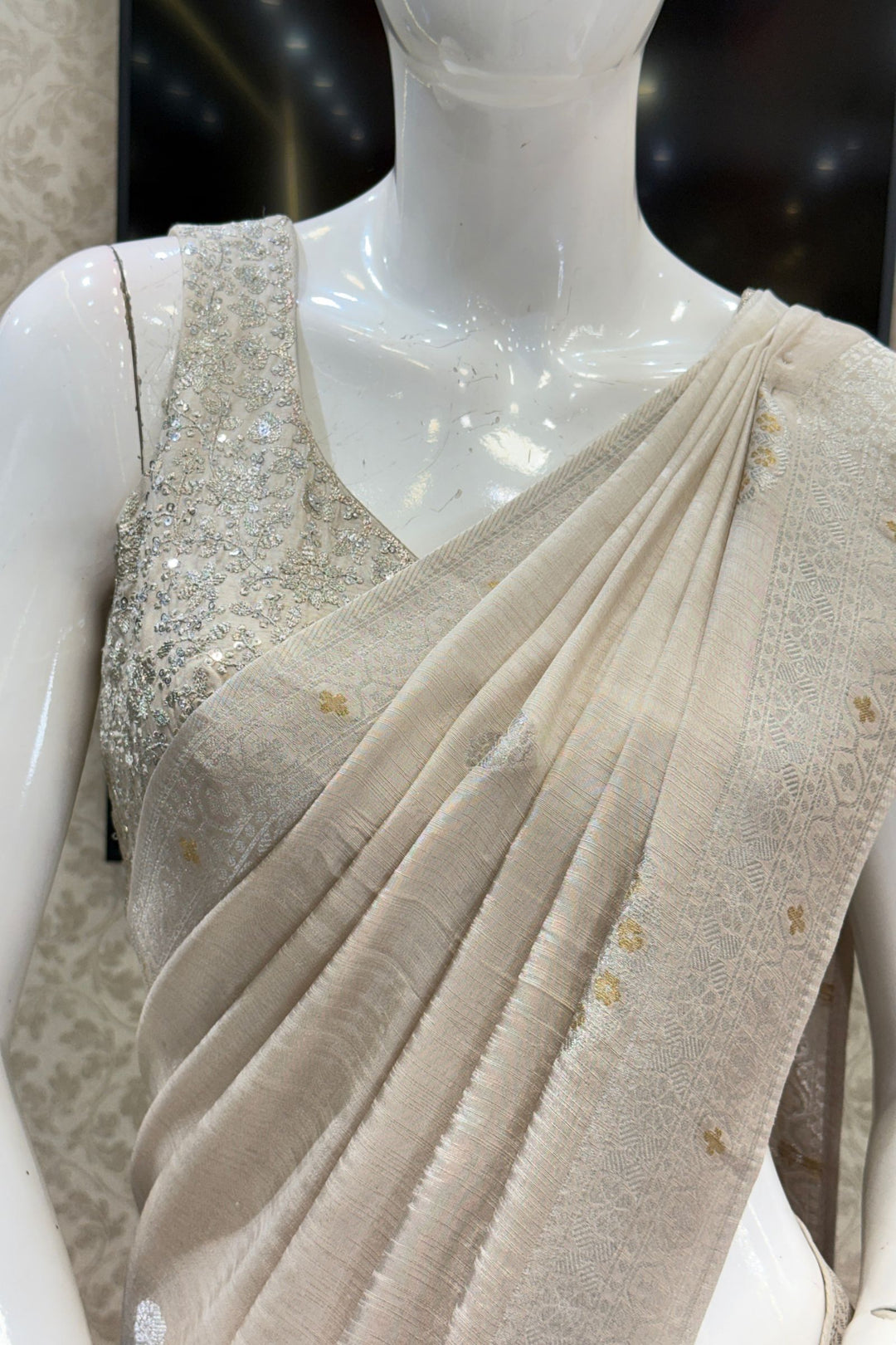 Light Beige Banaras Zari work Saree with Zari and Sequins work Readymade Blouse